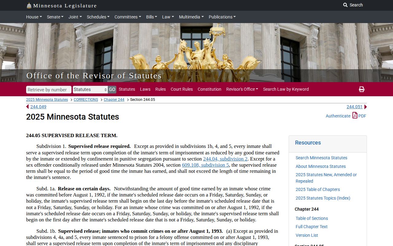 Minnesota statute governing Rice County projected release dates