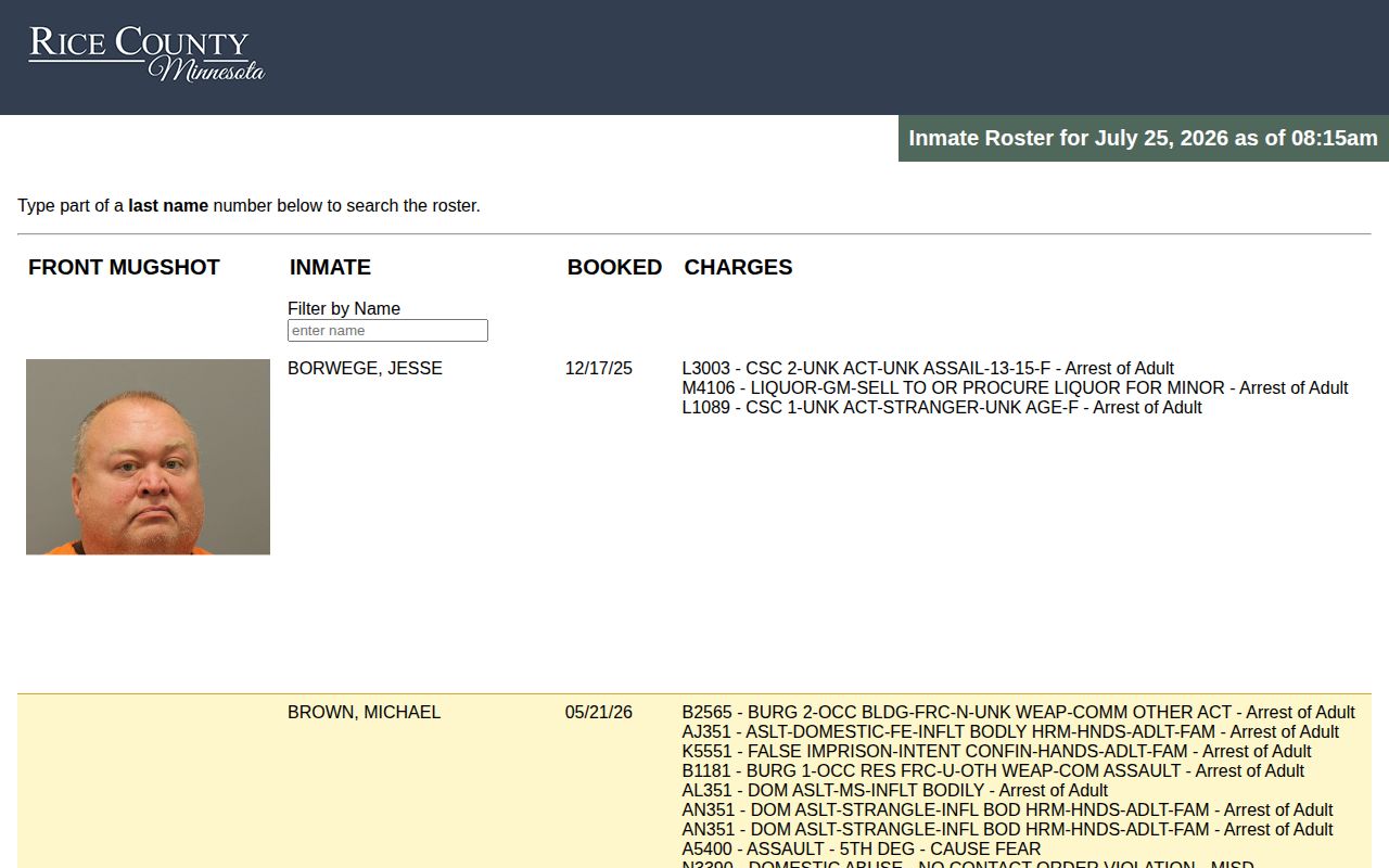 Timestamped Rice County roster used before a released inmate record search